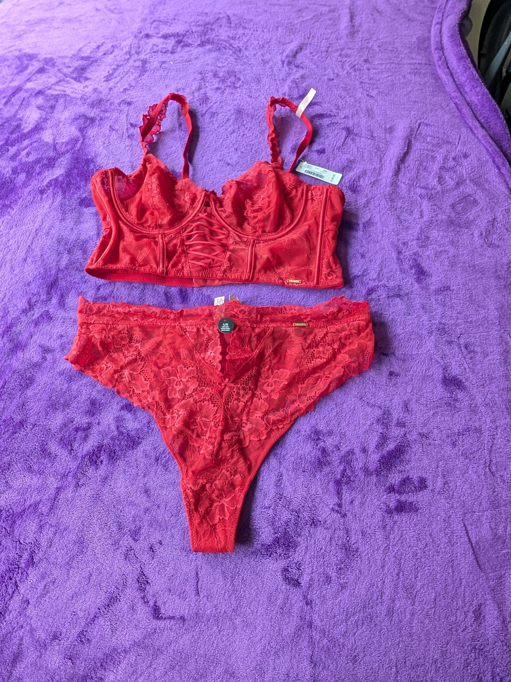 La Vie En Rose Red Lace Longline Bra & Lace Bikini Set